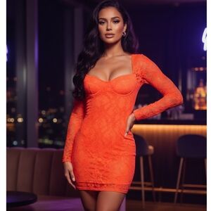 New SKIMS Strech Lace Lined Long Sleeve Mini Dress In Limited Edition Sunset M